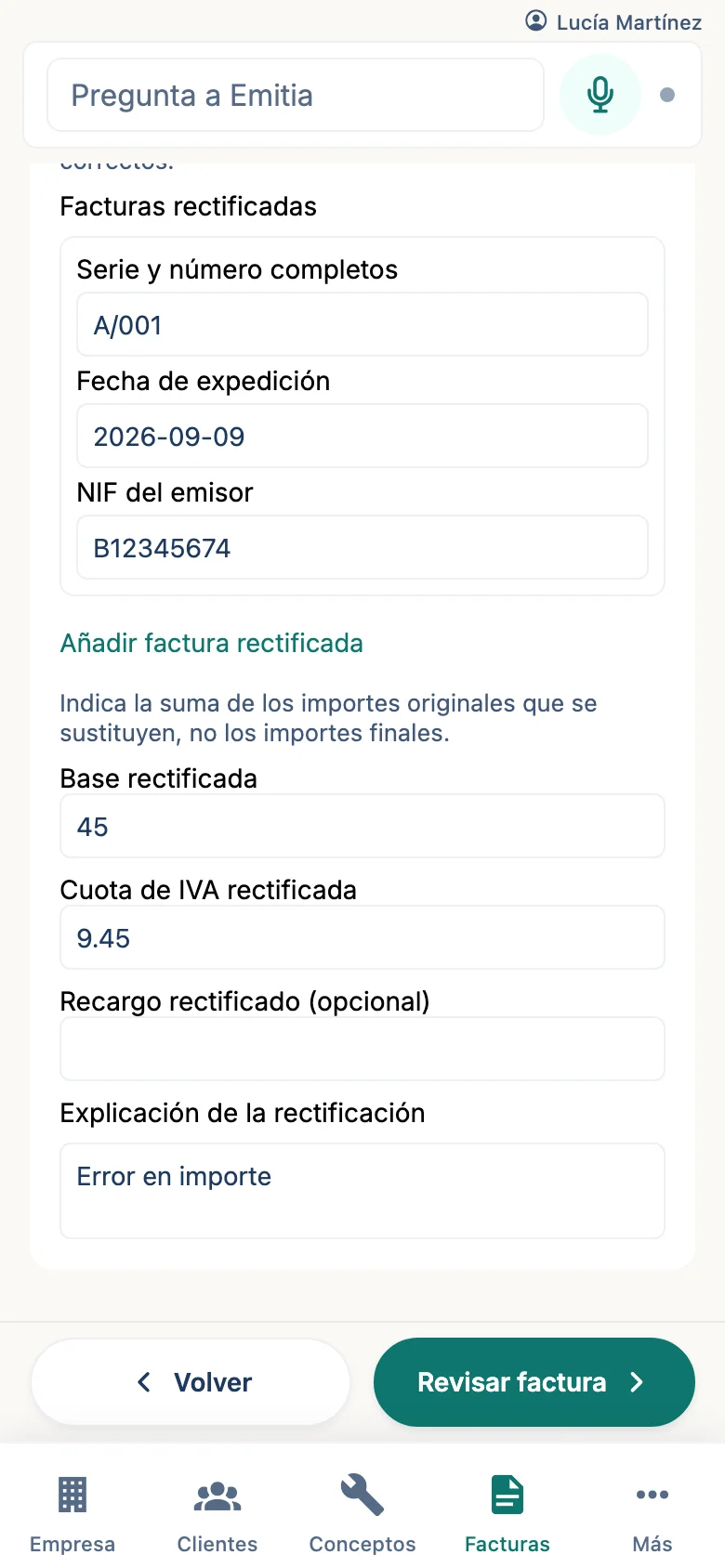 Indica os datos de rectificación